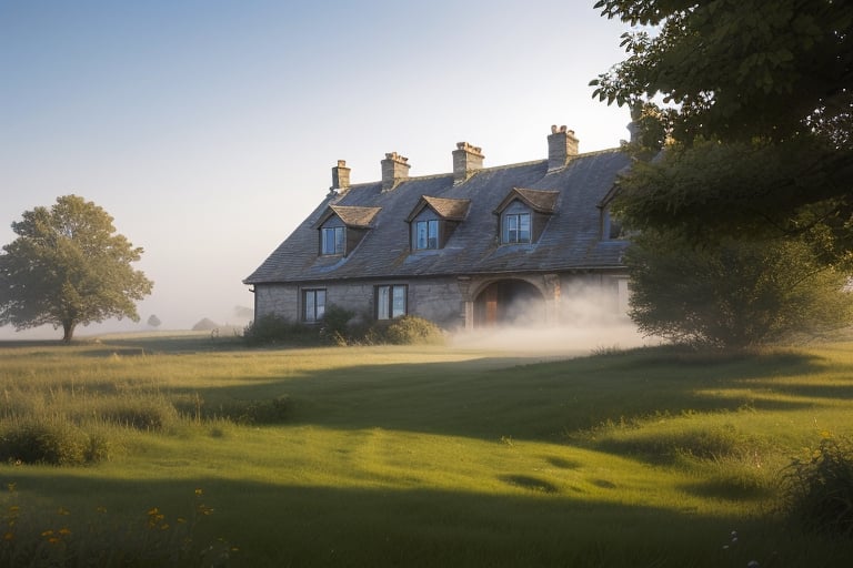 very wide shot,distant screen,eye-level, many  vague countryside buildings under fogs outside window,buttom-up,perspective