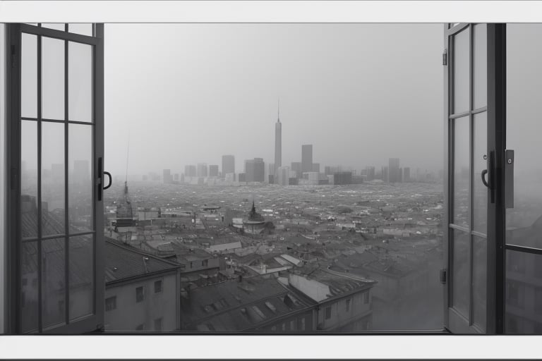 very wide shot,distant screen,eye-level,city outside the window,(( vague  white fogs)),front view,gray scale,perspective