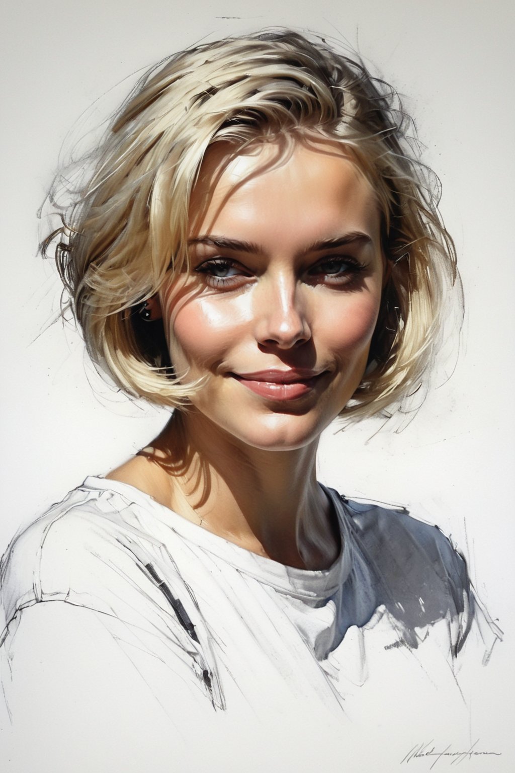 Masterpiece, best quality, dreamwave, aesthetic, 1woman, open look, (looking into the eyes), smiling charmingly sexy, short blonde hair, bob hairstyle,  t-shirt,  sketch, lineart, pencil, white background, portrait by Nikolay Alexanov, Style by Nikolay Feshin, artistic oil painting stick,charcoal \(medium\),