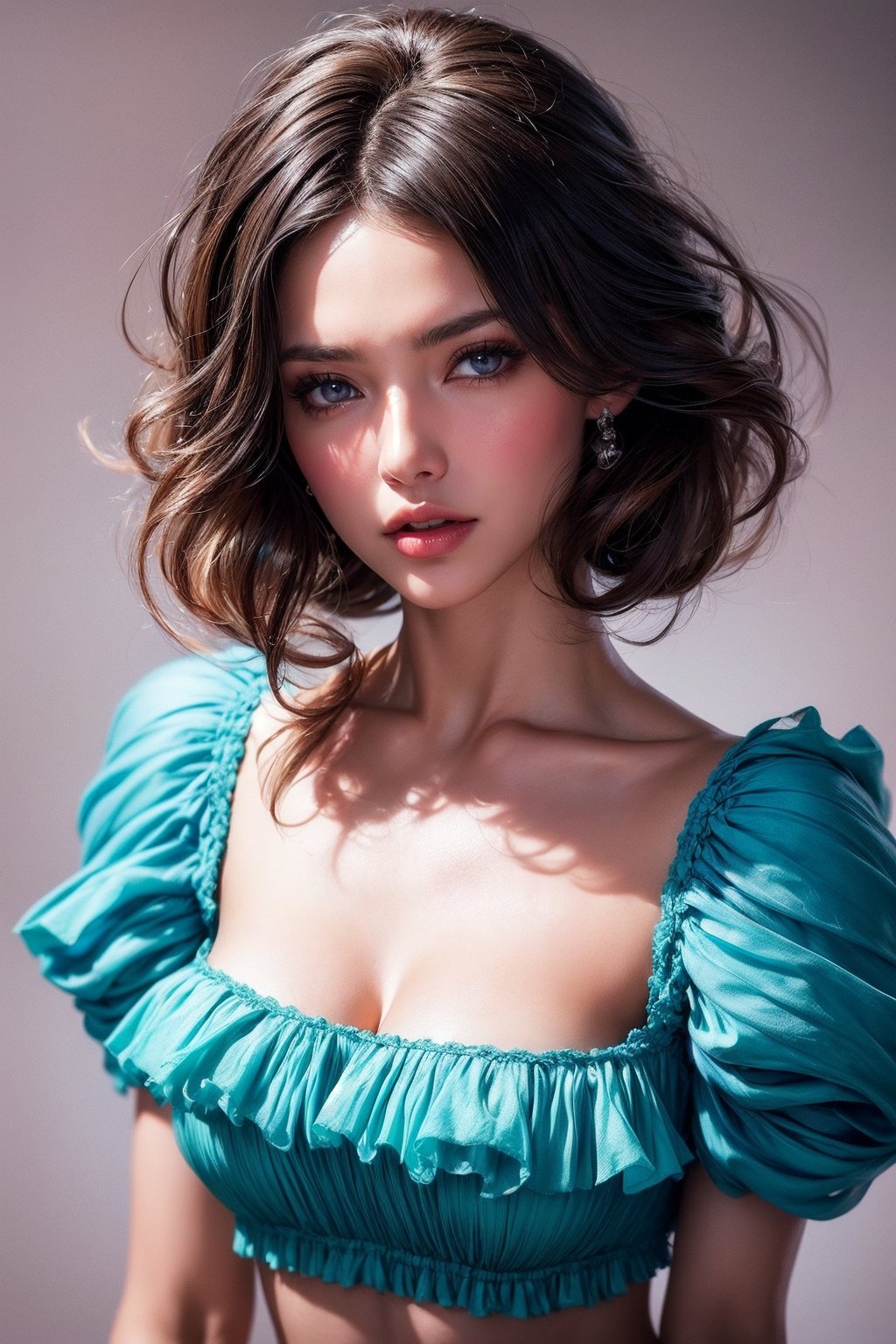 Photograph of a beautiful  belorussian  girl, brown eyes, soft skin, messy hair, ruffles chiffon top crop, art by konstantin razumov and alberto seveso , highly detailed intricately sharp focus, expressive brown eyes, extremely realistic and hyper detailed, trending on pinterest vogue italia unreal engine 5, 4 k uhd image