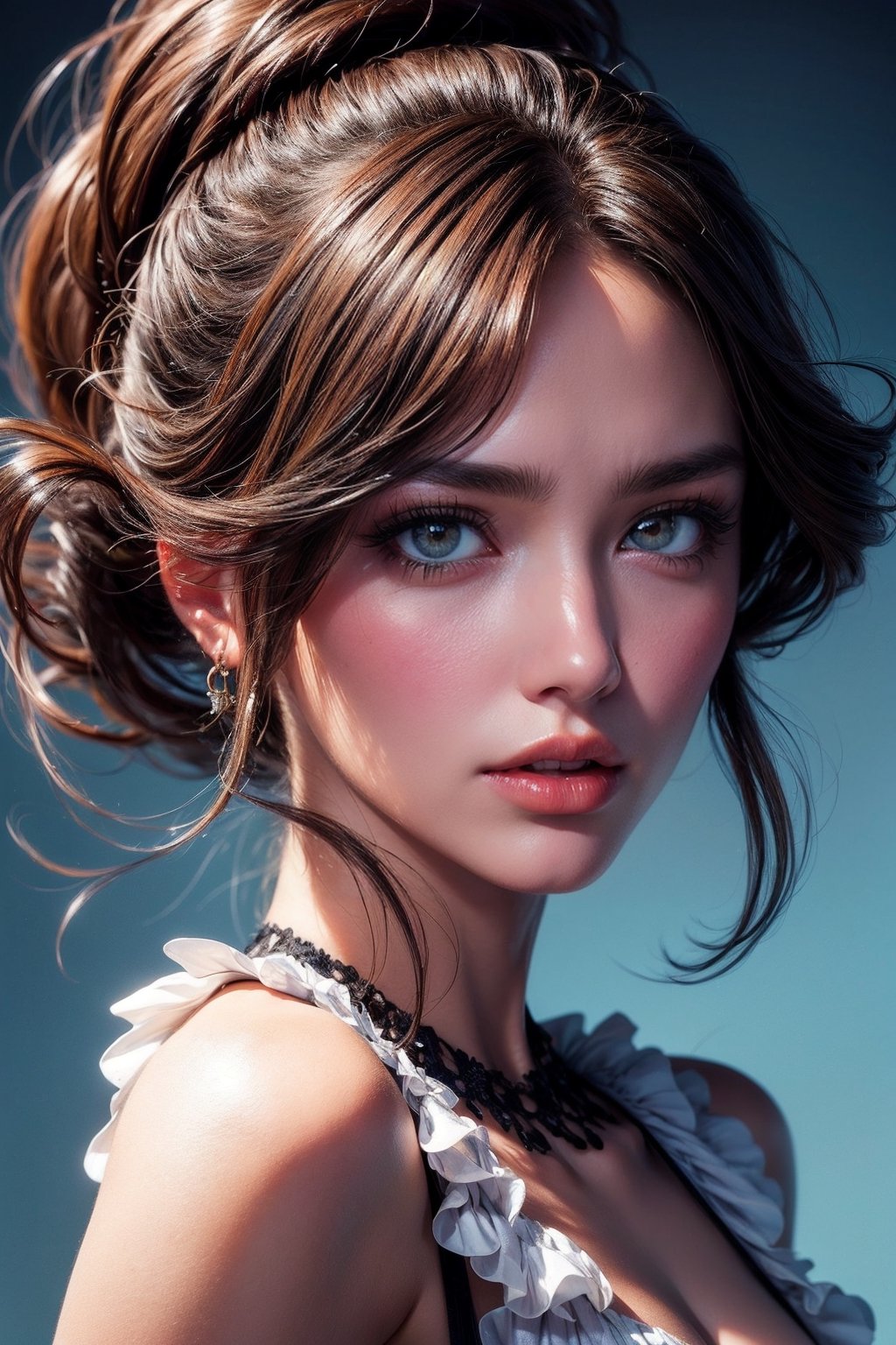 Photograph of a beautiful  belorussian  girl, brown eyes, soft skin, messy hair, ruffles chiffon top crop, art by konstantin razumov and alberto seveso , highly detailed intricately sharp focus, expressive brown eyes, extremely realistic and hyper detailed, trending on pinterest vogue italia unreal engine 5, 4 k uhd image