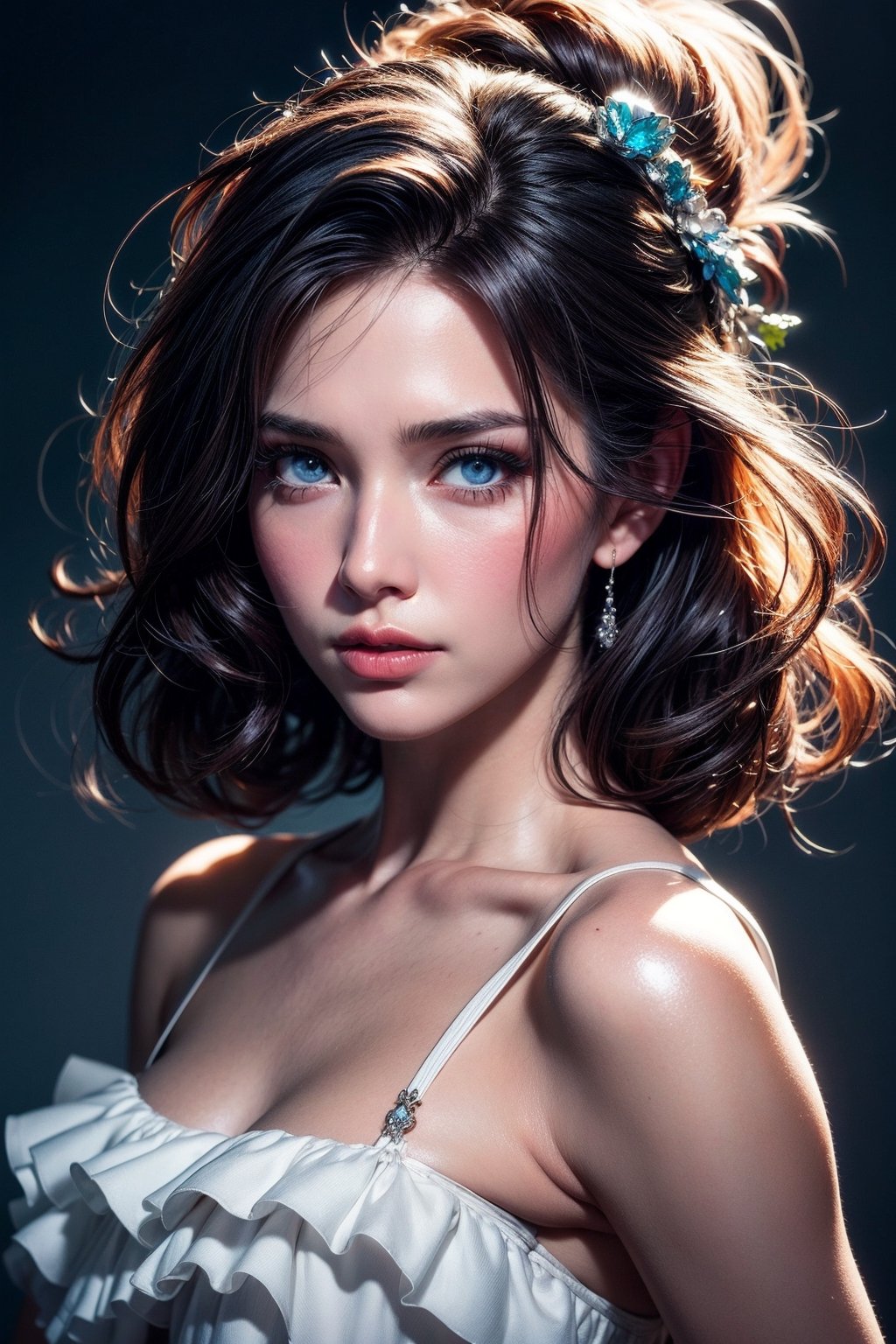 Photograph of a beautiful  belorussian  girl, soft skin, messy hair, ruffles chiffon top crop, art by konstantin razumov and alberto seveso , highly detailed intricately sharp focus, expressive eyes, extremely realistic and hyper detailed, trending on pinterest vogue italia unreal engine 5, 4 k uhd image