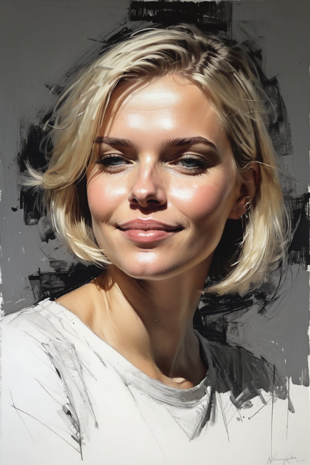 Masterpiece, best quality, dreamwave, aesthetic, 1girl, open look, (looking into the eyes), smiling charmingly sexy, short blonde hair, bob hairstyle,  t-shirt,  sketch, lineart, pencil, white background, portrait by Nikolay Alexanov, Style by Nikolay Feshin, artistic oil painting stick,charcoal \(medium\),