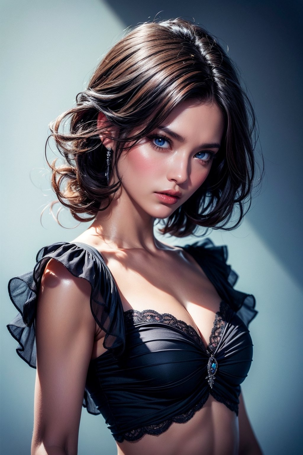 Photograph of a beautiful  Spanish  girl, soft skin, messy hair, ruffles chiffon top crop, art by konstantin razumov and alberto seveso , highly detailed intricately sharp focus, expressive eyes, extremely realistic and hyper detailed, trending on pinterest vogue italia unreal engine 5, 4 k uhd image