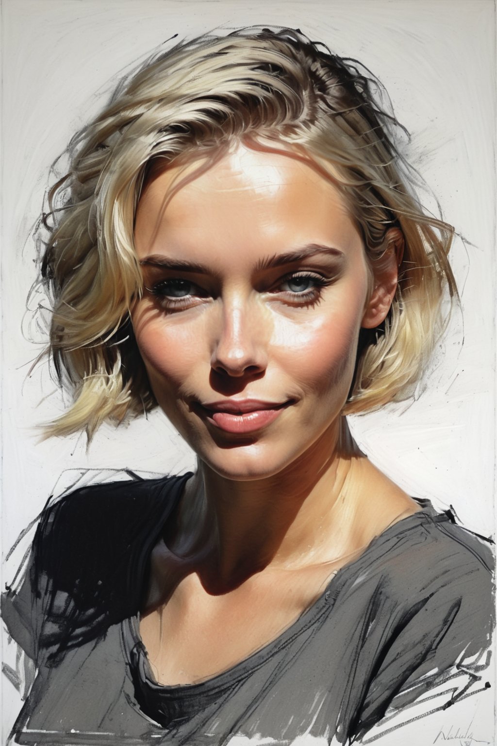 Masterpiece, best quality, dreamwave, aesthetic, 1woman, open look, (looking into the eyes), smiling charmingly sexy, short blonde hair, bob hairstyle,  t-shirt,  sketch, lineart, pencil, white background, portrait by Nikolay Alexanov, Style by Nikolay Feshin, artistic oil painting stick,charcoal \(medium\),