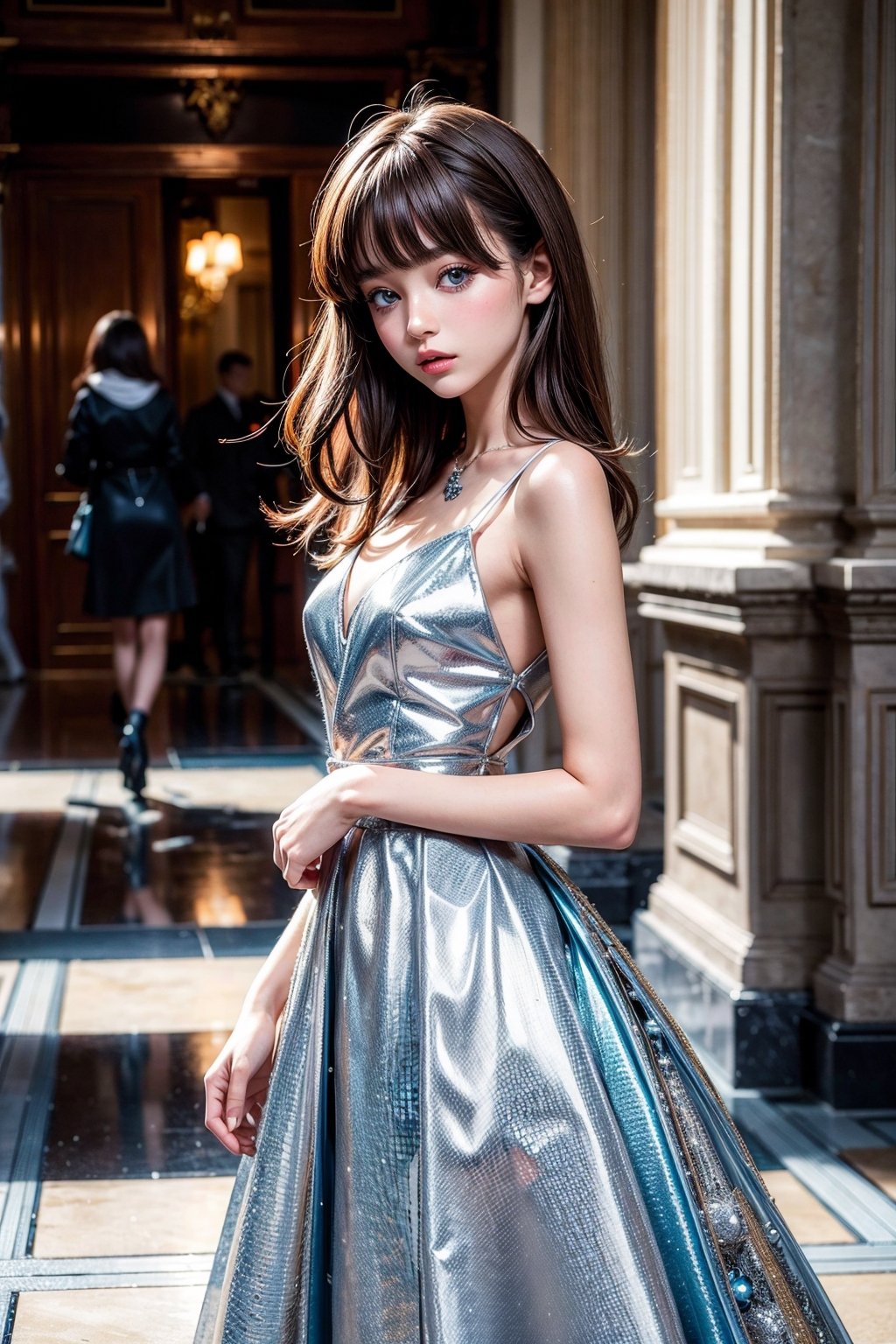 masterpiece, best quality, official art, aesthetic, 1girl, brown hair, top teen model, european-japanese teen girl, 18 years old, heterochromia, detailed background, Paris fashion show, catwalk, elegant,  white-blue evening dress by George Hobeika