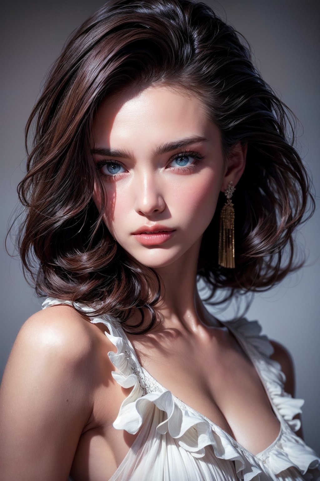 Photograph of a beautiful  russian  girl, brown eyes, soft skin, messy hair, ruffles chiffon top crop, art by konstantin razumov and alberto seveso , highly detailed intricately sharp focus, expressive brown eyes, extremely realistic and hyper detailed, trending on pinterest vogue italia unreal engine 5, 4 k uhd image