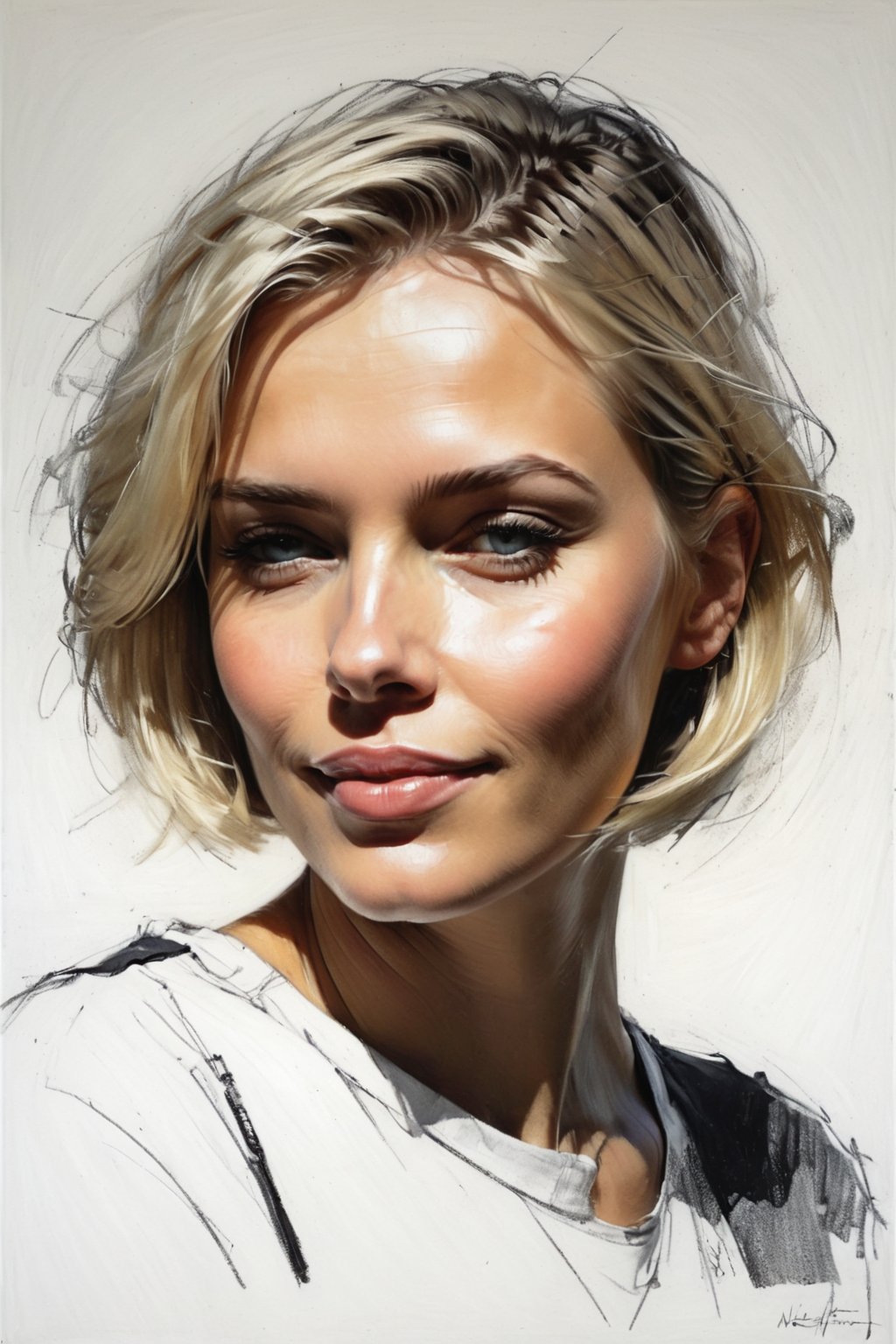 Masterpiece, best quality, dreamwave, aesthetic, 1woman, open look, (looking into the eyes), smiling charmingly sexy, short blonde hair, bob hairstyle,  t-shirt,  sketch, lineart, pencil, white background, portrait by Nikolay Alexanov, Style by Nikolay Feshin, artistic oil painting stick,charcoal \(medium\),