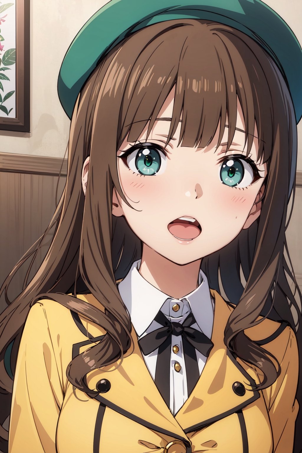 1girl,solo.  bangs, beret, brown_headwear, blunt_bangs, brown_hair, fertilization, green_eyes,long_hair, looking_at_viewer, open_mouth, wavy_hair, 