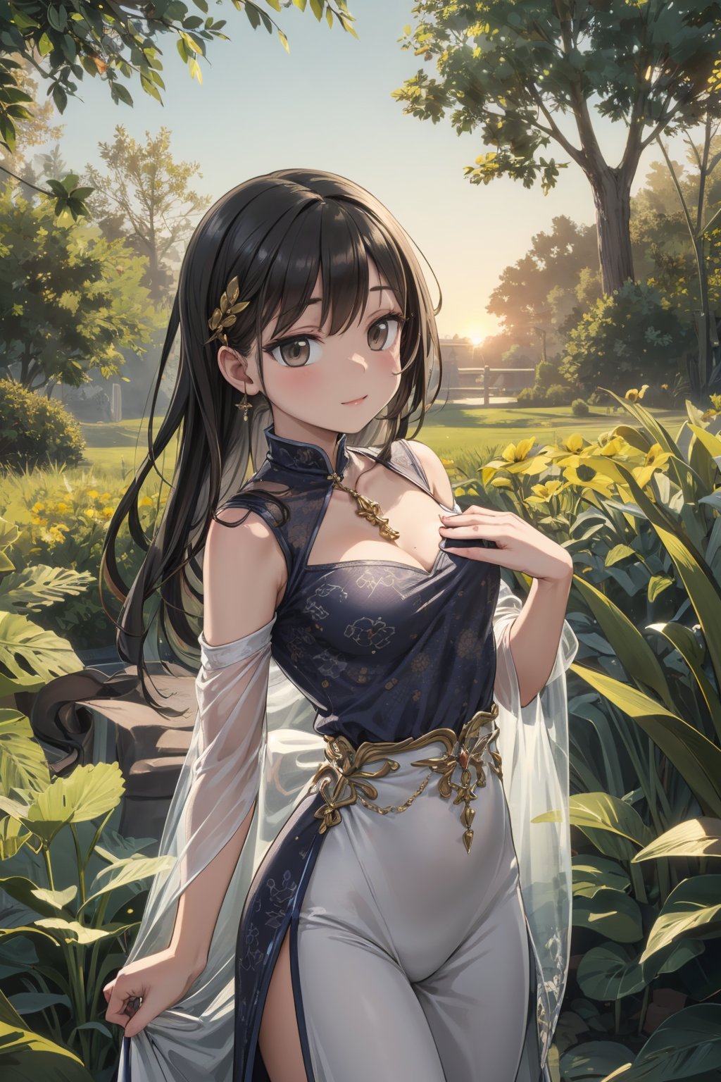 (best quality:1.2), (hyper detailed),
Style - Serene and Enchanting
Background - The character is situated in a tranquil garden, with the soft glow of the setting sun casting a warm and gentle light that envelops the scene in a dreamlike ambiance.
Subject - Bathed in the soft glow of the setting sun, the character exudes an aura of tranquility and enchantment, captivating viewers with their serene presence.
View - The camera captures the character in a medium shot, framing them within the picturesque garden and allowing the viewer to immerse themselves in the scene's beauty.
Appearance - The character's appearance is illuminated by the gentle sunlight, enhancing their features and creating a radiant, almost otherworldly glow.
Outfit - The character wears an outfit that complements the enchanting ambiance, featuring soft and flowing fabrics that dance in the breeze, adding to the ethereal atmosphere.
Pose - The character stands in a relaxed yet elegant pose, their face tilted upward to bask in the warm sunlight, radiating calmness and serenity.
Details - Every detail, from the way the character's hair catches the sunlight to the delicate accessories that adorn them, contributes to the scene's enchanting atmosphere.
Effects - The soft glow of the setting sun bathes everything in a warm and golden light, casting long shadows and infusing the scene with a magical quality.
Description - This portrayal captures the character in a moment of enchantment, as they stand bathed in the soft glow of the setting sun within a tranquil garden. The scene is a symphony of serenity, with the gentle sunlight creating a radiant and ethereal atmosphere that seems almost surreal. The character's appearance is illuminated by this soft glow, enhancing their features and giving them an almost otherworldly allure. Their chosen outfit, with its soft and flowing fabrics that dance in the breeze, complements the enchanting ambiance perfectly. The character's pose is relaxed and elegant, with their face tilted upward to soak in the warm sunlight, radiating an air of calmness and tranquility. Every detail, from the way their hair catches the sunlight to the delicate accessories that adorn them, contributes to the scene's overall enchanting atmosphere. The effects of the soft sunlight create a mesmerizing play of light and shadow, infusing the scene with a magical quality that captivates and transports viewers to a serene and dreamlike world. In summary, this portrayal presents a character who stands bathed in the soft glow of the setting sun, creating a serene and enchanting ambiance that invites viewers to experience a moment of pure tranquility and wonder.