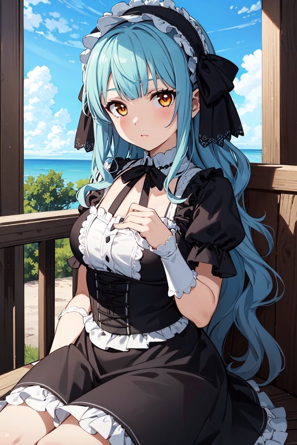 1girl, solo, bangs, blunt_bangs, 
sky_blue_hair, fertilization, orange_eyes, long_hair,  looking_at_viewer, wavy_hair, Gothic and Lolita