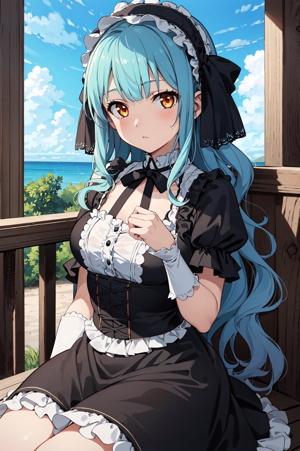 1girl, solo, bangs, blunt_bangs, 
sky_blue_hair, fertilization, orange_eyes, long_hair,  looking_at_viewer, wavy_hair, Gothic and Lolita