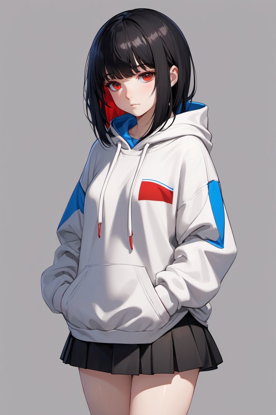 1girl, red_eyes, blue_eyes, heterochromia, black_hair, Blunt_bangs, full_body, simple_background, hoody, looking_at_viewer