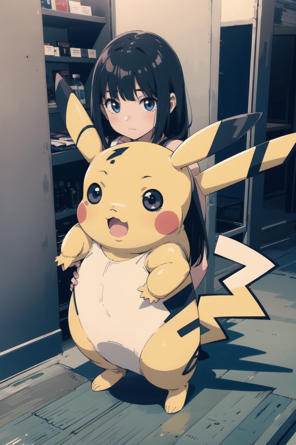 1girl, black_hair, Blunt_bangs, full_body, cosplay pikachu