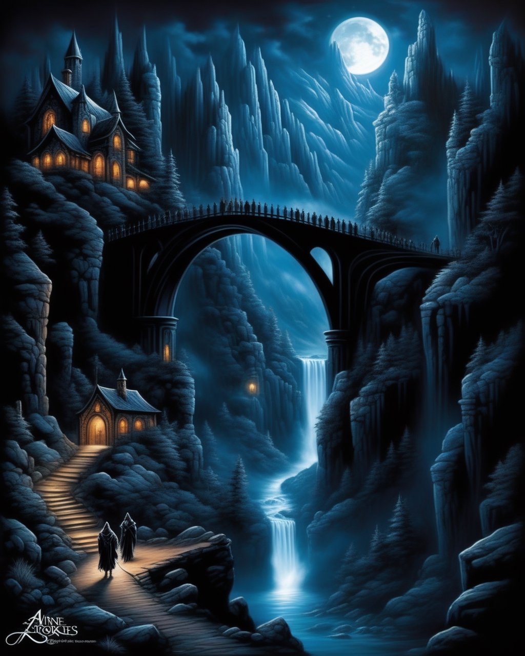 Anne Stokes style, landscape, (cityscape), pilgrims, canyon, bridge, stary sky, moonlight, characters, dark, eerie, fantasy, gothic, mysterious, whimsical