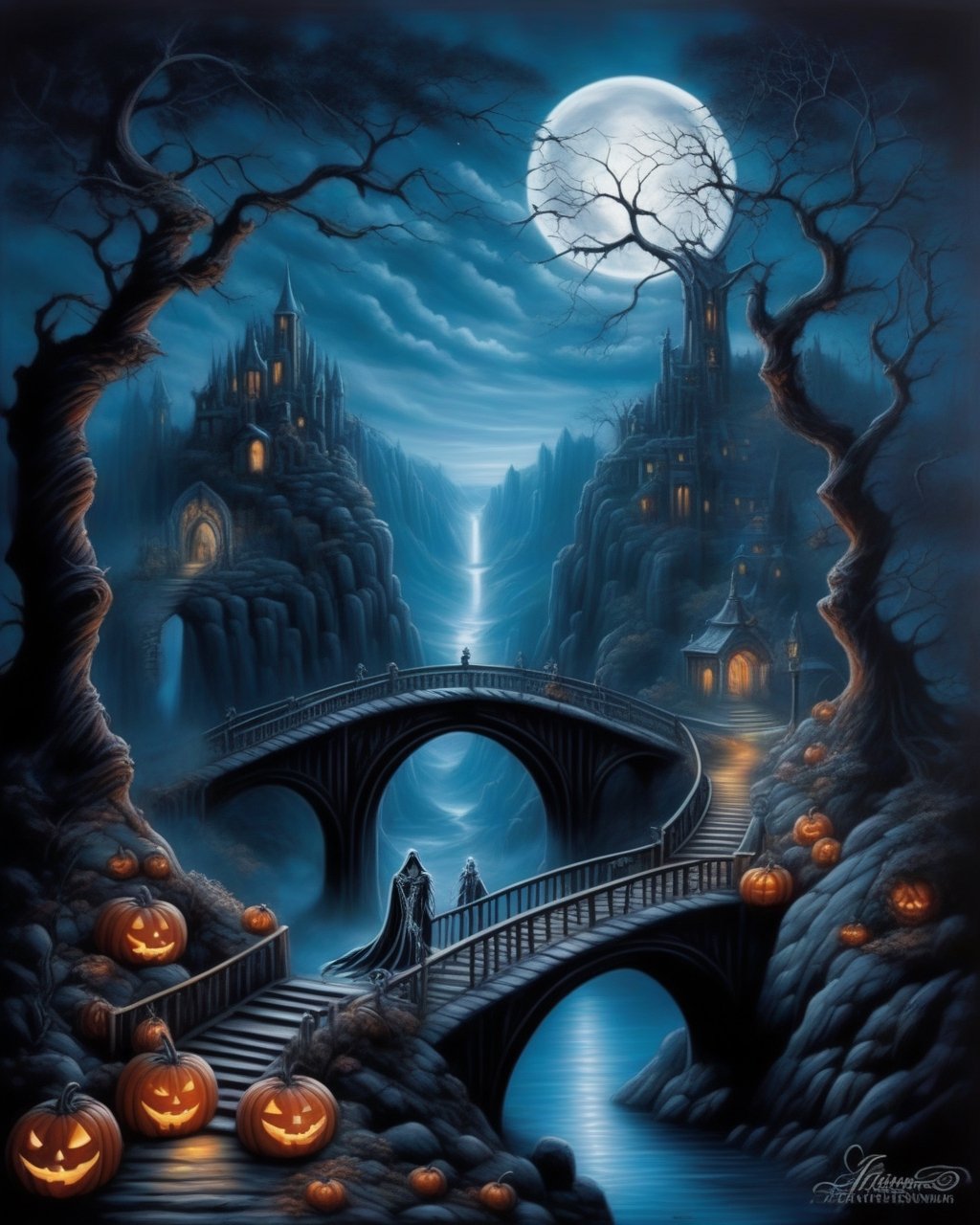 Anne Stokes style,halloween landscape, (cityscape), skeletons, canyon, bridge, stary autumn sky, moonlight, spooky, characters, dark, eerie, fantasy, gothic, mysterious, whimsical