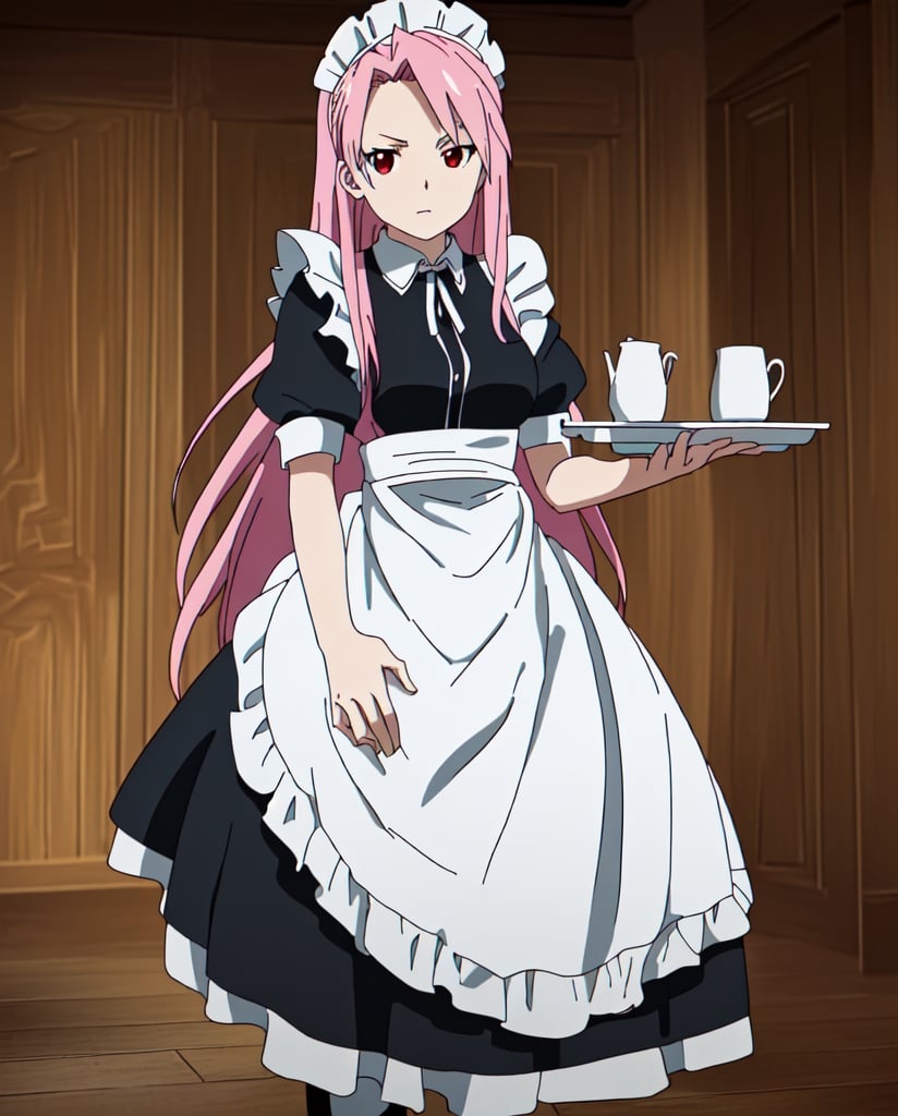 fullmetal alchemist, art style,anime screencap,anime screenshot, medium shot,masterpiece,beatiful girl,pink hair,Red eyes,long hair,maid outfit,black maid dress,[[Big breasts]],[[White socks]],((Maid with a tray in her hand)),vibrant colors,(intricate:1.2),[[perfect lines]],[[High Quality lines]],((High Quality:1.5)),[[Best Quality]],[[8k]],[[anime masterpiece]],(illustration)),{{{extremely detailed}}},(extremely fine and beautiful:1.1),(perfect details:1.1),CG unity 8k,cinematic lighting,(illustration:1.1),(extremely fine and beautiful:1.1),(perfect details:1.1),((betterhands:1.5))