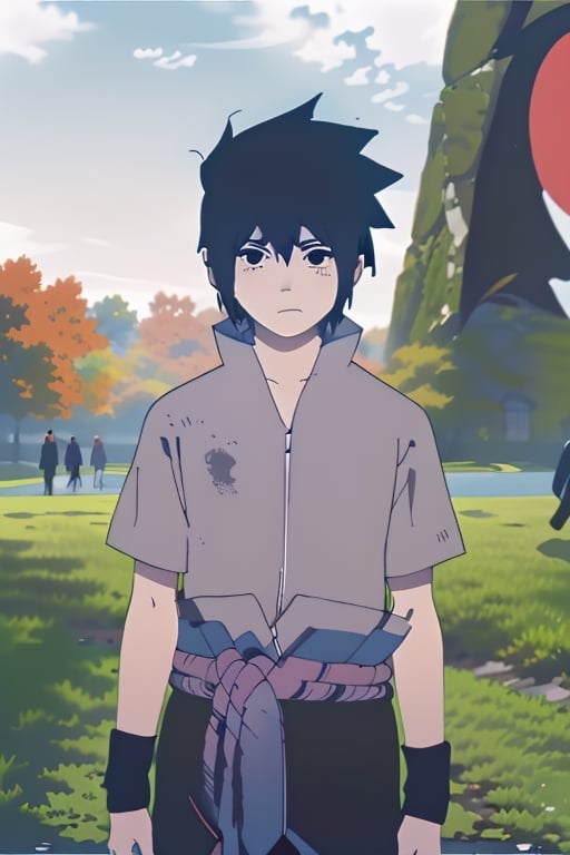 omori,Sasuke Uchiha, black hair, spiky hair, black eyes, gray shirt with short sleeves,(Omori Art Style:1),omori style

