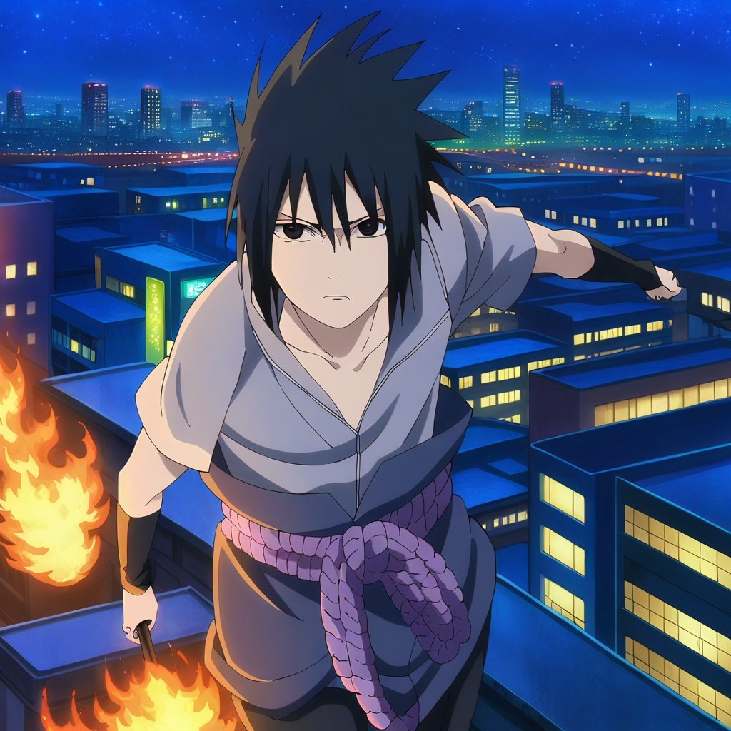 1boy,solo,looking at viewer,male focus,Sasuke Uchiha,black hair, spiky hair, black eyes, gray shirt with short sleeves,black arm guard,light purple belt,purple skirt,pants,flying,flying over the city,sky,night,glowing,border,fire,building,night sky,city,cityscape,city light,vibrant color,Visual Anime,anime_screencap