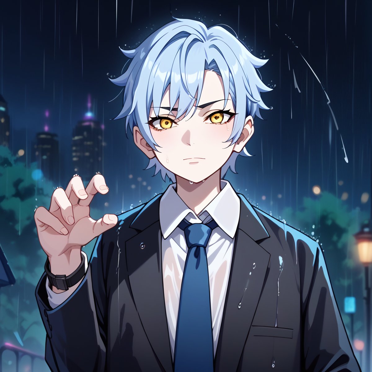 1boy,solo,looking at viewer,Mitsuki,short hair,blue hair,yellow eyes,black suit,collared shirt,white shirt,blue tie,wristwatch,medium shot,depth of field,night,rain,raindrops,rainy city,rainy sky,storm,bokeh,blurry,blurry background,anime_screencap,fake_screenshot,score_9,score_8_up, score_7_up, score_6_up, score_5_up,score_4_up,source_anime,fine anime screencap,style parody,official style,anime coloring 