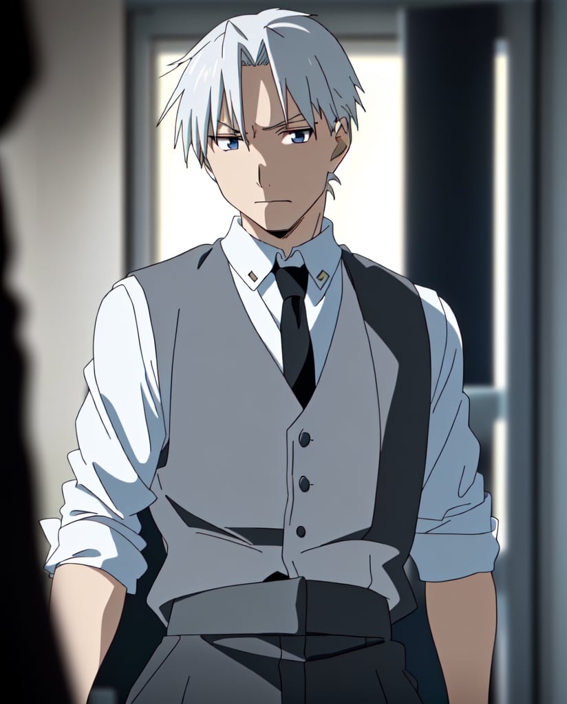 Fullmetal Alchemist Style,(medium shot),1boy, white hair,blue eyes,((White shirt sleeves rolled up,gray waistcoat,black tie)),dark gray pants,8k,glowing clothes