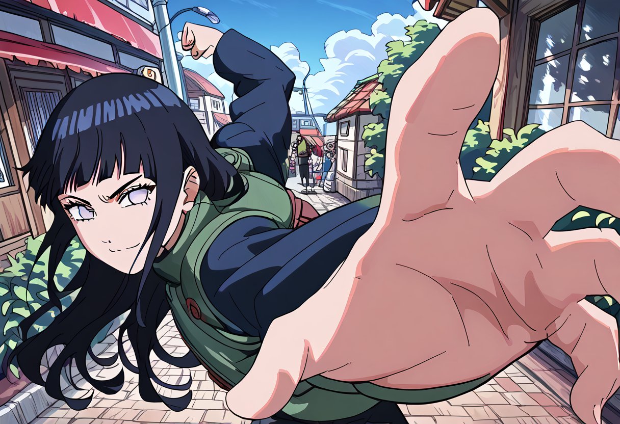 score_9,score_8_up, score_7_up, score_6_up, score_5_up,score_4_up,source_anime,fine anime screencap,style parody,official style,Visual Anime,anime_screencap,Hinata Hyuga,long hair,blunt bangs,dark blue hair,light eyes,green jonin vest,turtle neck,IncrsPunchMeme,smile,theet,looking at viewer,arm up,closed fist,incoming punch,konohagakure village /(background/)