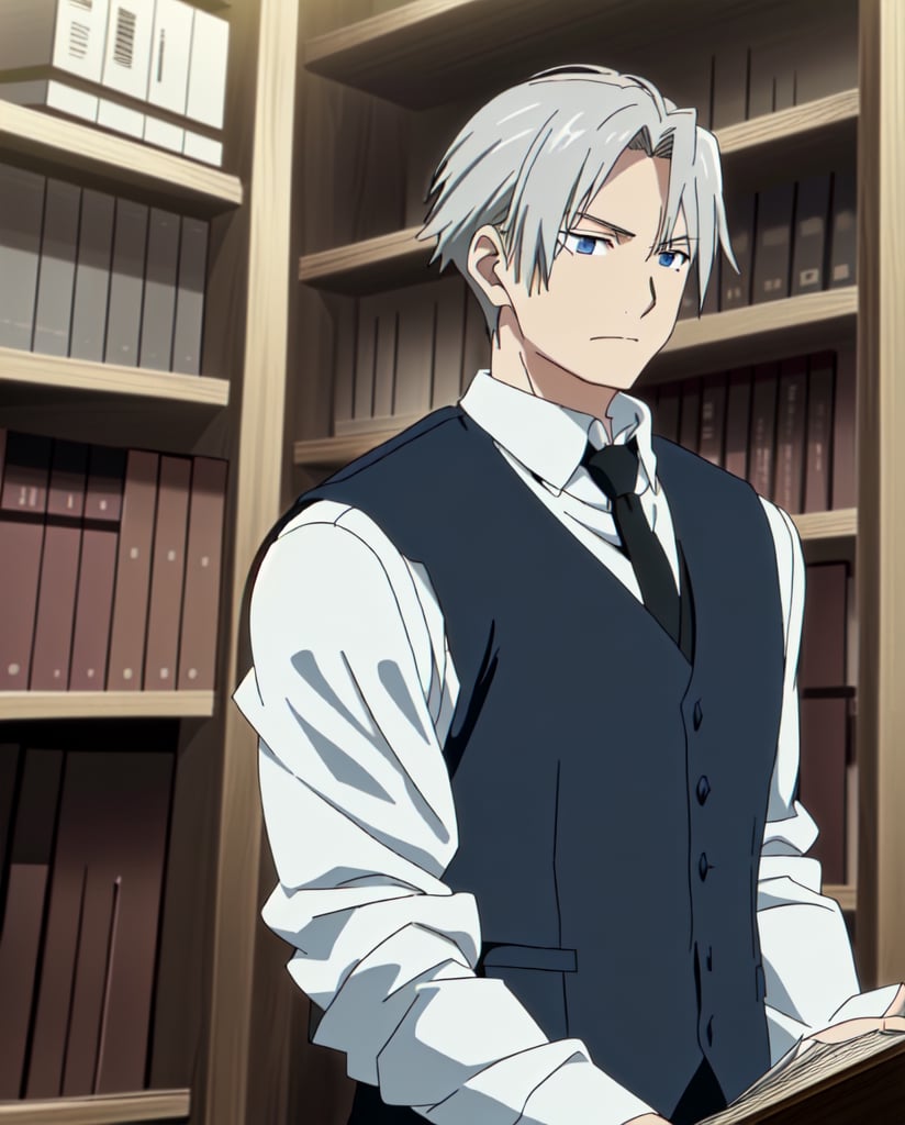 Fullmetal Alchemist Style,(upper body:1.5),1boy,boy focus,focus girl,white hair,blue eyes,((White shirt sleeves rolled up,gray waistcoat,black tie)),8k,glowing clothes,in a library,Library ,tables, chairs