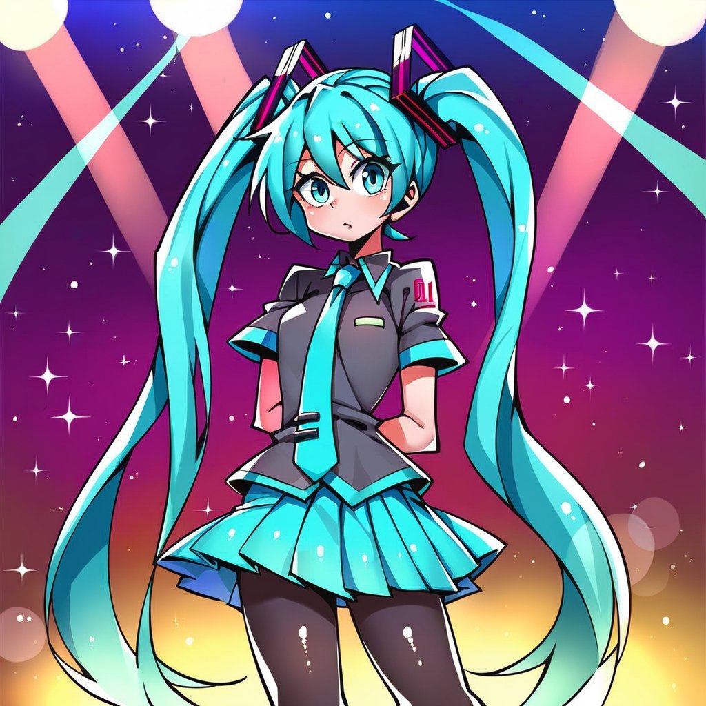 score_9,score_8,score_7,source_acm,Hatsune Miku,1girl,looking at viewer,solo,long hair,very long hair,twintails,aqua hair,aqua eyes,closed mouth,black shirt,necktie,short sleeves,gloves,skirt,miniskirt,pleated skirt,blue skirt,pantyhose,black pantyhose,concert stage,lights,hands behind your back 