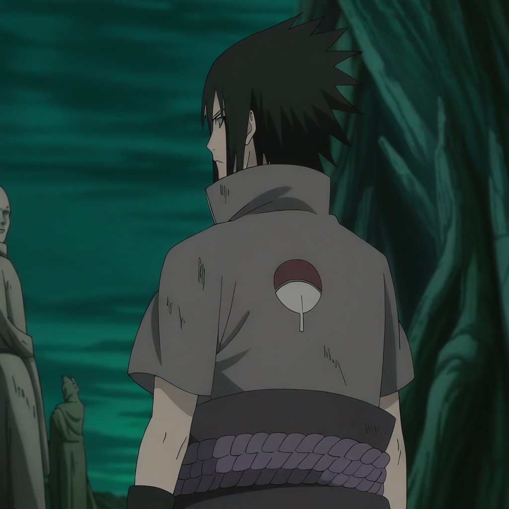 1boy,from behind,Sasuke,black hair,spiky hair,gray shirt with short sleeves,symbol on the back,symbol on the back,clan symbol,black arm guard,light purple belt,purple skirt,dark background,horror theme,green sky,statue, japanese statue,broken statues,anime coloring,lighting,anime screencap,full quality,best quality,intricate,masterpiece,8k,Visual Anime,anime wallpaper