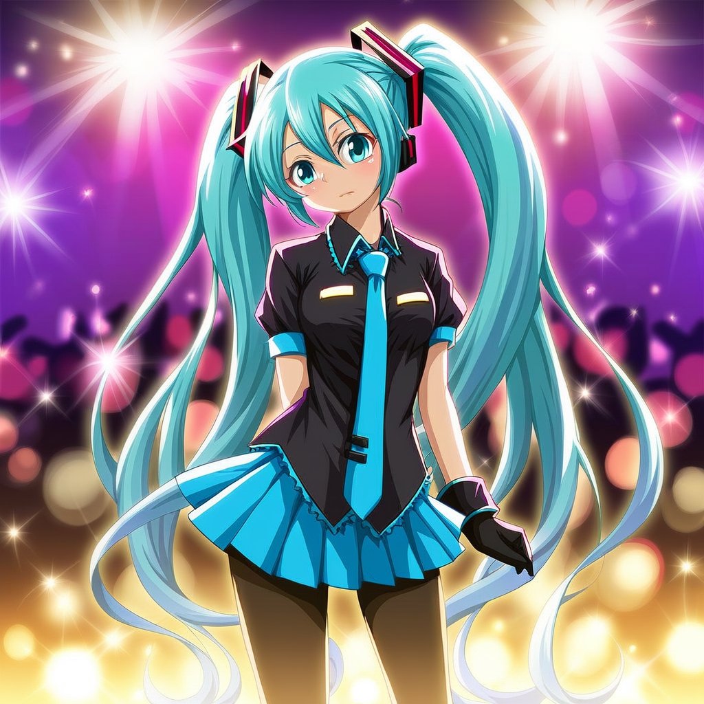 score_9,score_8,score_7,source_rsd,1girl,looking at viewer,slim,solo, long hair, skirt, shirt, gloves,twintails, very long hair, closed mouth, standing, short sleeves, pantyhose, pleated skirt, necktie, miniskirt, aqua eyes, blue skirt, black pantyhose, black shirt, aqua hair,concert stage,lights,hatsune miku
