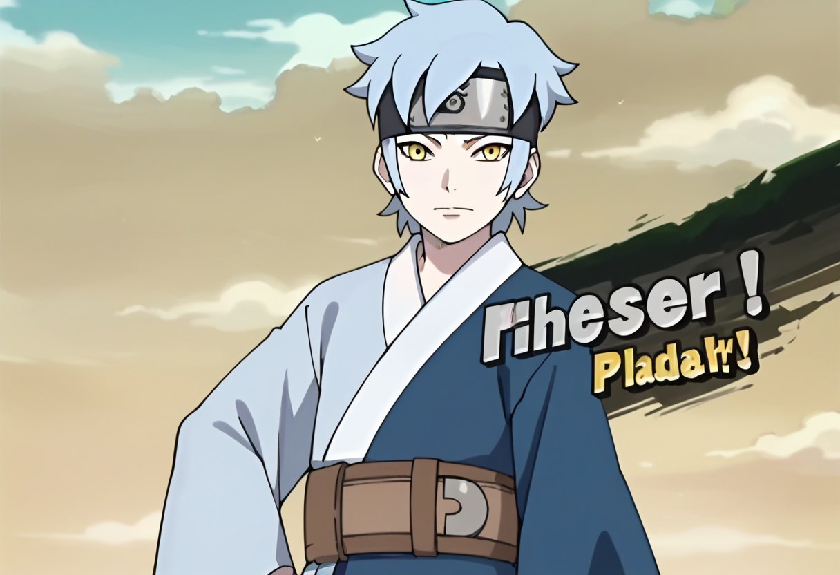 Mitsuki,short hair,blue hair,forehead protector,konohagakure symbol,pale skin,yellow eyes,blue and navy kimono,belt,SSBUSplashArt:1,english text,anime_screencap,fake_screenshot,score_9,score_8_up, score_7_up, score_6_up, score_5_up,score_4_up,source_anime,fine anime screencap,style parody,official style,anime coloring