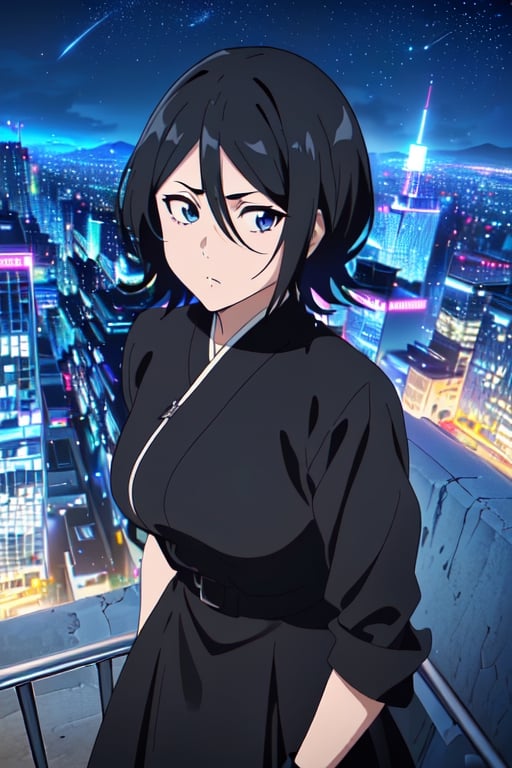 Focus Girl,female Focus,(medium shot:1.2),,1girl,Looking at viewer,black hair,short straight hair,Blue eyes,black dress, Big breasts,long black fingerless gloves,(absurdres:1.2),Anime flat color,anime style,2D,(dynamic light),(masterpiece:1.331), (highest resolution:1.2), (full quality), (Extremely beautiful and detailed:1.1), (8k, 4k, 2k), extremely detailed, CG, unity,finely detail, masterpiece, best quality, official art,extremely detailed CG unity 8k,(best quality,High detailed ,Anime dark city,building,Night sky,kuchiki_rukia