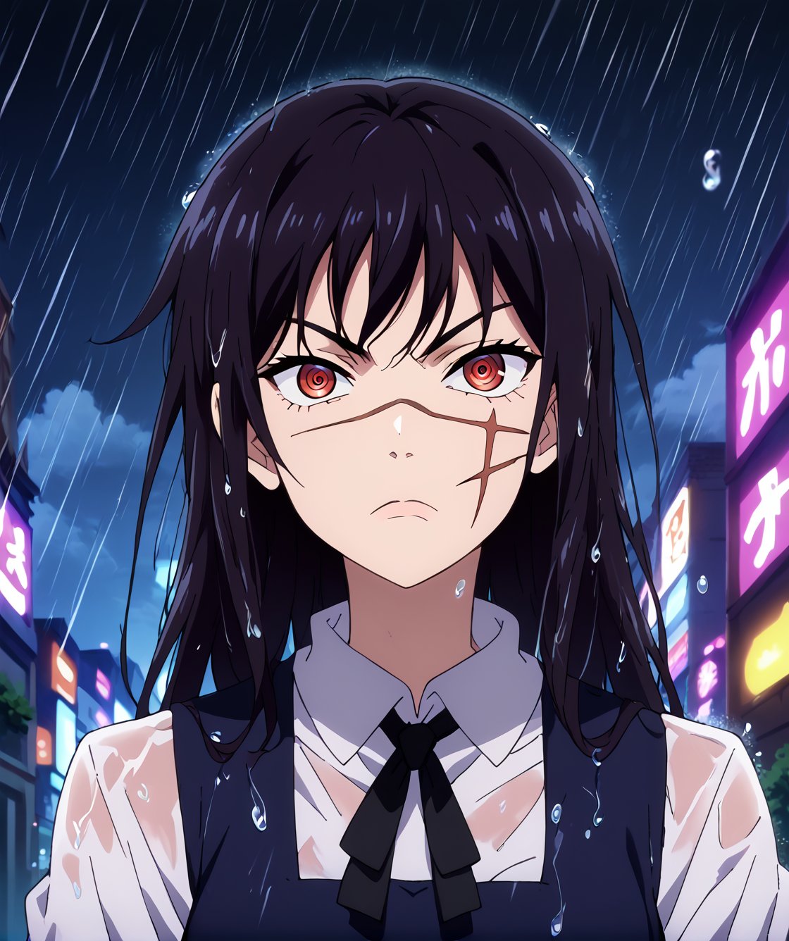 1girl,Yoru,solo,looking at viewer,serious expression,scar on face,red eyes,ringed eyes,black hair, long hair,black ribbon,black pinafore dress,upper body,cityscape,dark sky,dark clouds,wet clothes,cloudy sky,rain,water drops,storm,rainy sky,detailed background,Anime_screencap,fake_screenshot,score_9,score_8_up, score_7_up, score_6_up, score_5_up,score_4_up,source_anime,fine anime screencap,style parody,official style,anime coloring