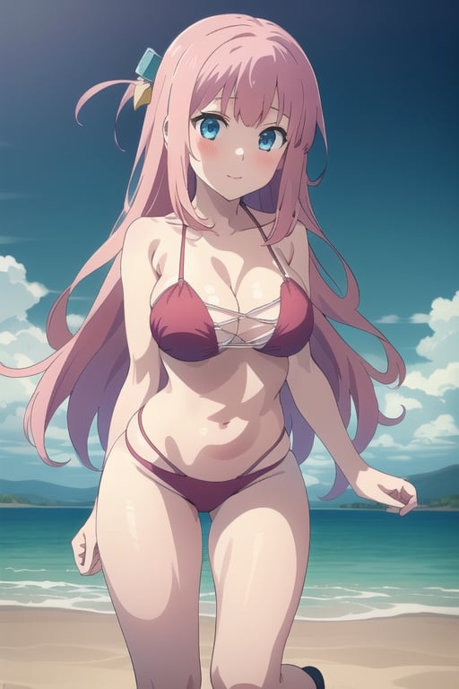 gotoh hitori,[[[cross-laced bikini]]],[[sexy bikini]],[[Big breasts]],[[sexy body]],[[beautiful body]],[[beautiful face]],[[Blushing]],[[Sexy legs]],bocchi style, image of a anime 1girl, cube hair ornament, solo, long hair, pink hair, hair ornament, track, blue eyes, [[On the beach]]]