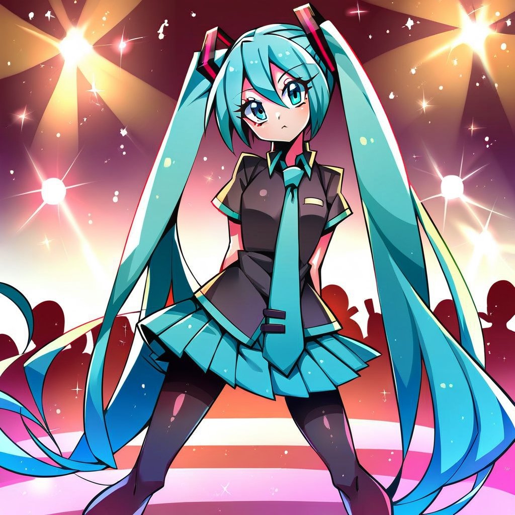 score_9,score_8,score_7,source_acm,Hatsune Miku,1girl,looking at viewer,solo,long hair,very long hair,twintails,aqua hair,aqua eyes,closed mouth,black shirt,necktie,short sleeves,gloves,skirt,miniskirt,pleated skirt,blue skirt,pantyhose,black pantyhose,concert stage,lights,hands behind her back 