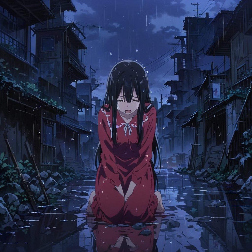 1girl,solo,long hair,black hair,eyes closed,crying,tears,open mouth,expression of suffering,screaming,red dress,flip up,kneeling,city,debris,dark sky,dark clouds,raining,raindrops,storm,puddles,reflection,16k,masterpiece,full quality,intricate,highest resolution,extremely detailed,finely detail,Visual Anime,anime,anime coloring
