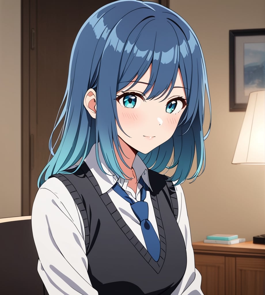 1girl,(medium shot) Focus Girl, Protagonist girl,sitting,Looking at viewer,solo, long hair, blush, blue eyes, closed mouth, blue hair, aqua eyes,white shirt, sweater vest, black vest, blue necktie, grey skirt,(absurdres:1.2),Anime flat color,anime style,2D,(dynamic light),(masterpiece:1.331), (highest resolution:1.2), (full quality), (Extremely beautiful and detailed:1.1), (8k, 4k, 2k), extremely detailed, CG, unity,finely detail, masterpiece, best quality, official art,extremely detailed CG unity 8k,best quality,High detailed ,Living room,Akane Kurokawa,blue hair,green eyes,medium hair,gradient hair