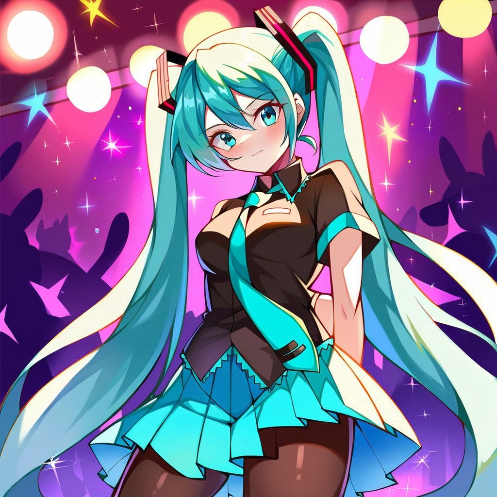 score_9,score_8,score_7,source_pyz,Hatsune Miku,1girl,looking at viewer,solo,long hair,very long hair,twintails,aqua hair,aqua eyes,closed mouth,black shirt,necktie,short sleeves,gloves,skirt,miniskirt,pleated skirt,blue skirt,pantyhose,black pantyhose,concert stage,lights,hands behind her back 