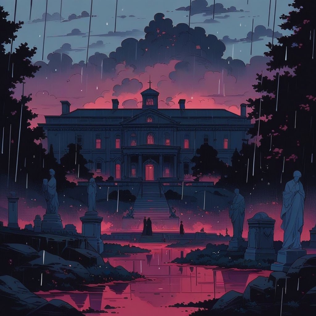 dark sky,rainy sky,dark clouds,rain,raindrops,rainy environment,storm,outdoors,tree, building,house,mansion,statues on the mountain,flat color,(highest resolution),(full quality),Extremely beautiful and detailed, (8k), extremely detailed,finely detail, masterpiece, best quality, official art,Visual Anime