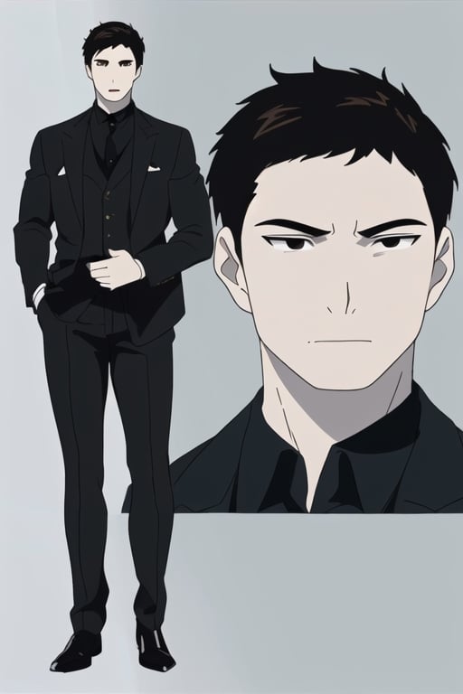 (((Best Quality))),[[[1man]]],[[Male Focus]],(((man full body))),((pale white skin)), (((black hair))),(((dark brown eyes)),((rectangular face)),((athletic and strong body)),((Black elegant suit)),[[[[scar on left cheek]]],[[Detailed eyes]],((Very detailed face)),((8k)),[[[perfect LineArt]]],[[perfect lines]]