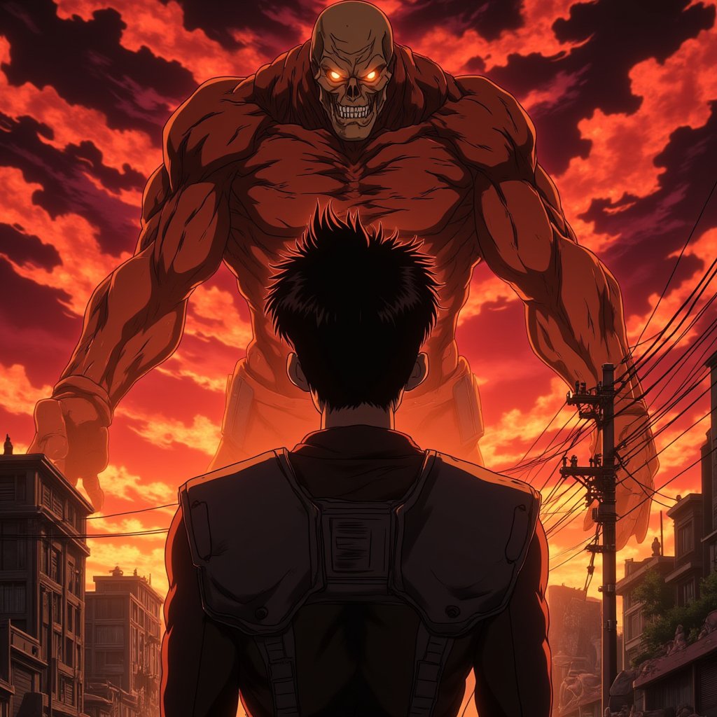 This is a digitally created artwork in a dark, apocalyptic style. The image features a dramatic and intense scene set against a backdrop of a city in ruins. The sky is filled with swirling, fiery red and orange clouds, suggesting a massive explosion or a volcanic eruption. The foreground is dominated by a large, dark silhouette of a young man standing with their back to the viewer, holding large, metal shoulder pads. The figure appears to be a young man with short spiky hair and wearing a dark outfit, possibly a military uniform.

Dominating the background is a massive, skeletal figure with glowing, yellow eyes and a sinister smile. This figure is depicted with exaggerated proportions and an expression that conveys menace and power. The figure is dressed in red, with visible muscles and a grimacing face, adding to the ominous atmosphere.

In the distance, the cityscape is partially visible, with crumbling buildings, power lines, and a few remaining structures. The overall color palette is dominated by dark reds, oranges, and blacks, enhancing the sense of destruction and despair. The artwork effectively combines elements of horror and post-apocalyptic themes, creating a visually striking and emotionally intense scene,egmid