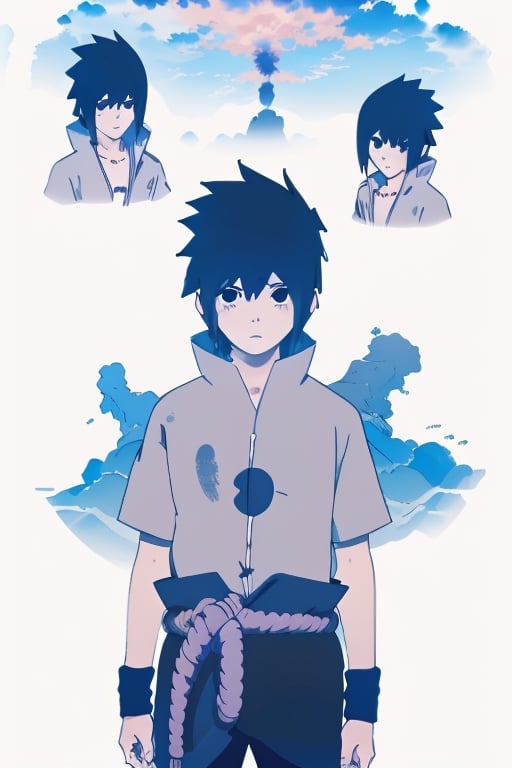 omori,Sasuke Uchiha, black hair, spiky hair, black eyes, gray shirt with short sleeves,(Omori Art Style:1),omori style
