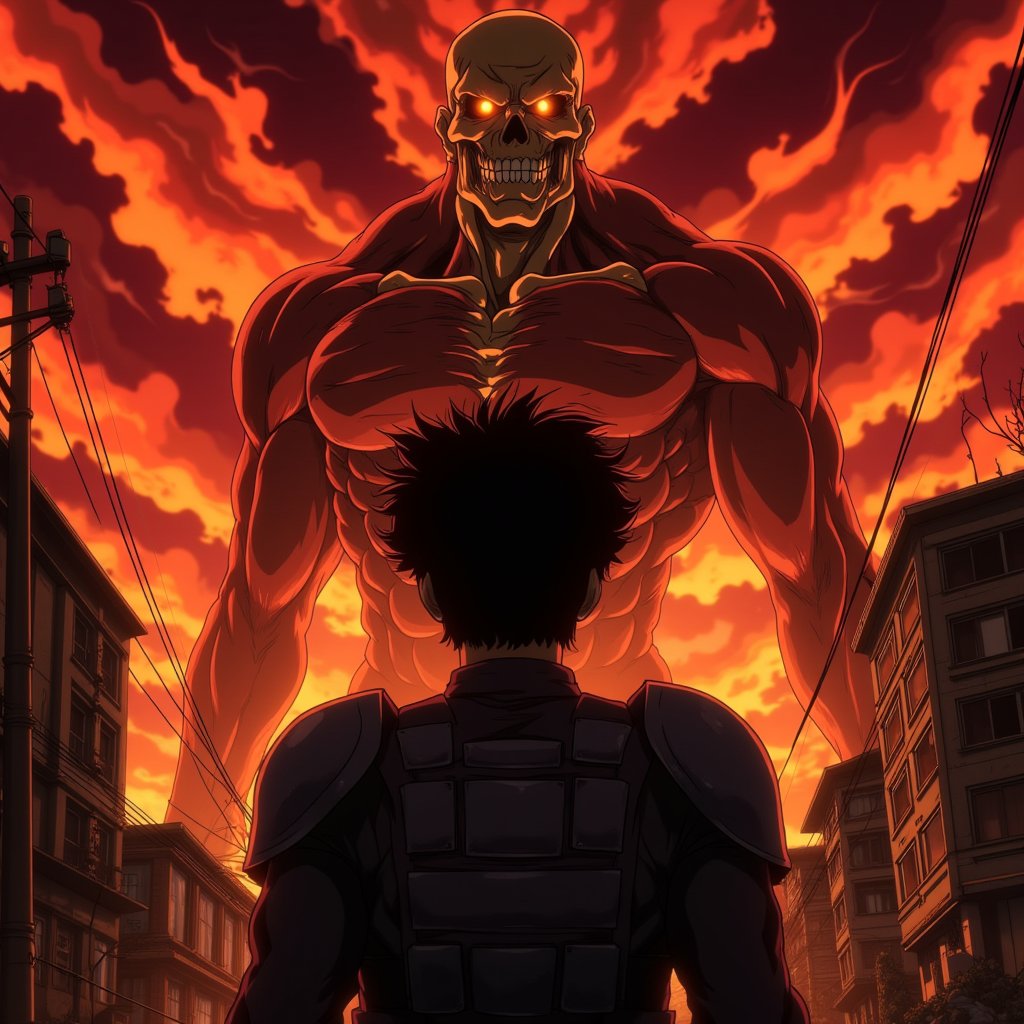 This is a digitally created artwork in a dark, apocalyptic style. The image features a dramatic and intense scene set against a backdrop of a city in ruins. The sky is filled with swirling, fiery red and orange clouds, suggesting a massive explosion or a volcanic eruption. The foreground is dominated by a large, dark silhouette of a young man standing with their back to the viewer, holding large, metal shoulder pads. The figure appears to be a young man with short spiky hair and wearing a dark outfit, possibly a military uniform.

Dominating the background is a massive, skeletal figure with glowing, yellow eyes and a sinister smile. This figure is depicted with exaggerated proportions and an expression that conveys menace and power. The figure is dressed in red, with visible muscles and a grimacing face, adding to the ominous atmosphere.

In the distance, the cityscape is partially visible, with crumbling buildings, power lines, and a few remaining structures. The overall color palette is dominated by dark reds, oranges, and blacks, enhancing the sense of destruction and despair. The artwork effectively combines elements of horror and post-apocalyptic themes, creating a visually striking and emotionally intense scene,egmid