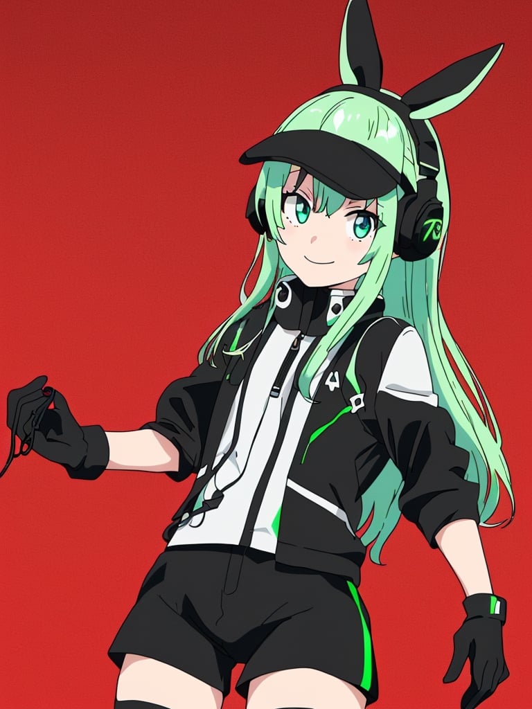 1girl, white long hair, black jacket, white shirt, green headphones, green zippers, black shorts, modern black clothes, black gloves,black thigh high socks, very cute, detailed eyes, stylish eyes,smile,(red background:1)