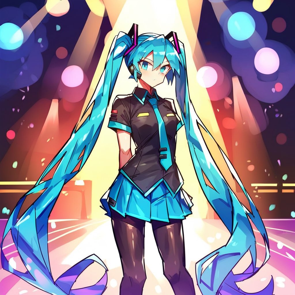 score_9,score_8,score_7,source_aqe,Hatsune Miku,1girl,looking at viewer,solo,long hair,very long hair,twintails,aqua hair,aqua eyes,closed mouth,black shirt,necktie,short sleeves,gloves,skirt,miniskirt,pleated skirt,blue skirt,pantyhose,black pantyhose,concert stage,lights,hands behind her back 