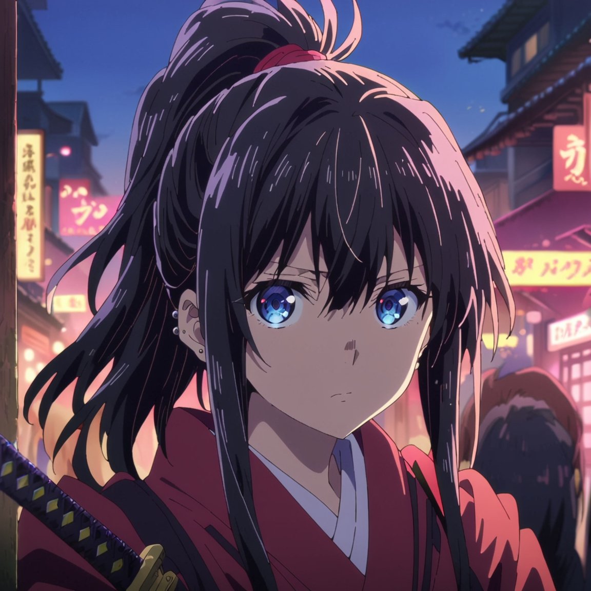 1girl,samurai,samurai girl,swords:1.2,katana,focus girl,solo,looking at viewer:1.1,long hair,ponytail,bangs,blue eyes,shiny eyes,fine detailed eyes,extremely detailed eyes,black hair,ear piercings,upper body,katana sword,red japanese clothes,neon lights,blurred background:1.2,city,anime wallpaper,16k,masterpiece,full quality,intricate,highest resolution,extremely detailed,finely detail,Visual Anime,anime,anime coloring,anime_screencap,visual anime,Beautiful Eyes,fake_screenshot