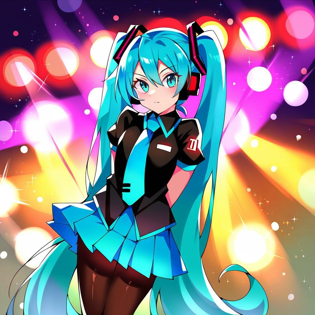 score_9,score_8,score_7,source_aku,Hatsune Miku,1girl,looking at viewer,solo,long hair,very long hair,twintails,aqua hair,aqua eyes,closed mouth,black shirt,necktie,short sleeves,gloves,skirt,miniskirt,pleated skirt,blue skirt,pantyhose,black pantyhose,concert stage,lights,hands behind your back 