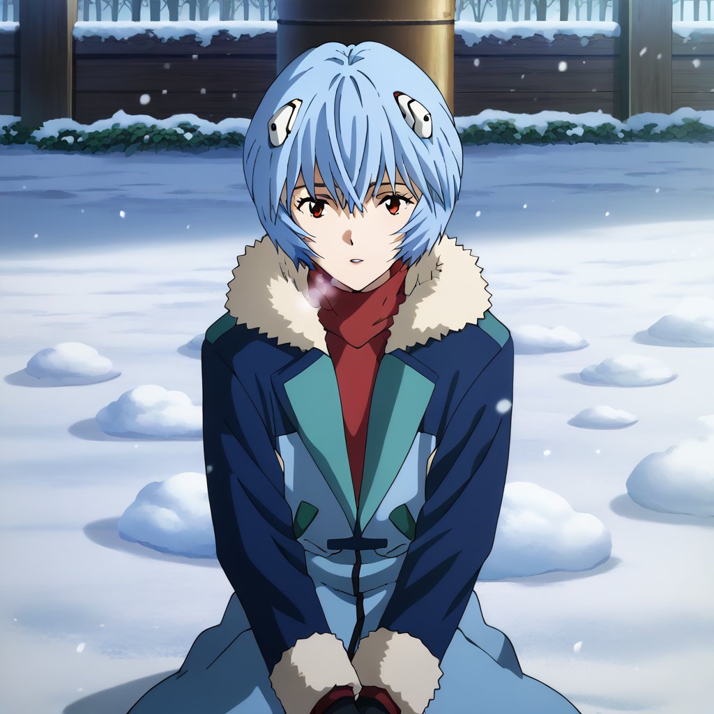 rei ayanami,short hair,blue hair,red eyes,blue coat,fur trim,black gloves,jacket,long sleeves,looking at viewer,on ground,parted lips,pocket,sitting,snow, snowing,v arms,((breathing cold air)),winter,snowing,anime_screencap,fake_screenshot,score_9,score_8_up, score_7_up, score_6_up, score_5_up,score_4_up,source_anime,fine anime screencap,style parody,official style,anime coloring,ayanami rei