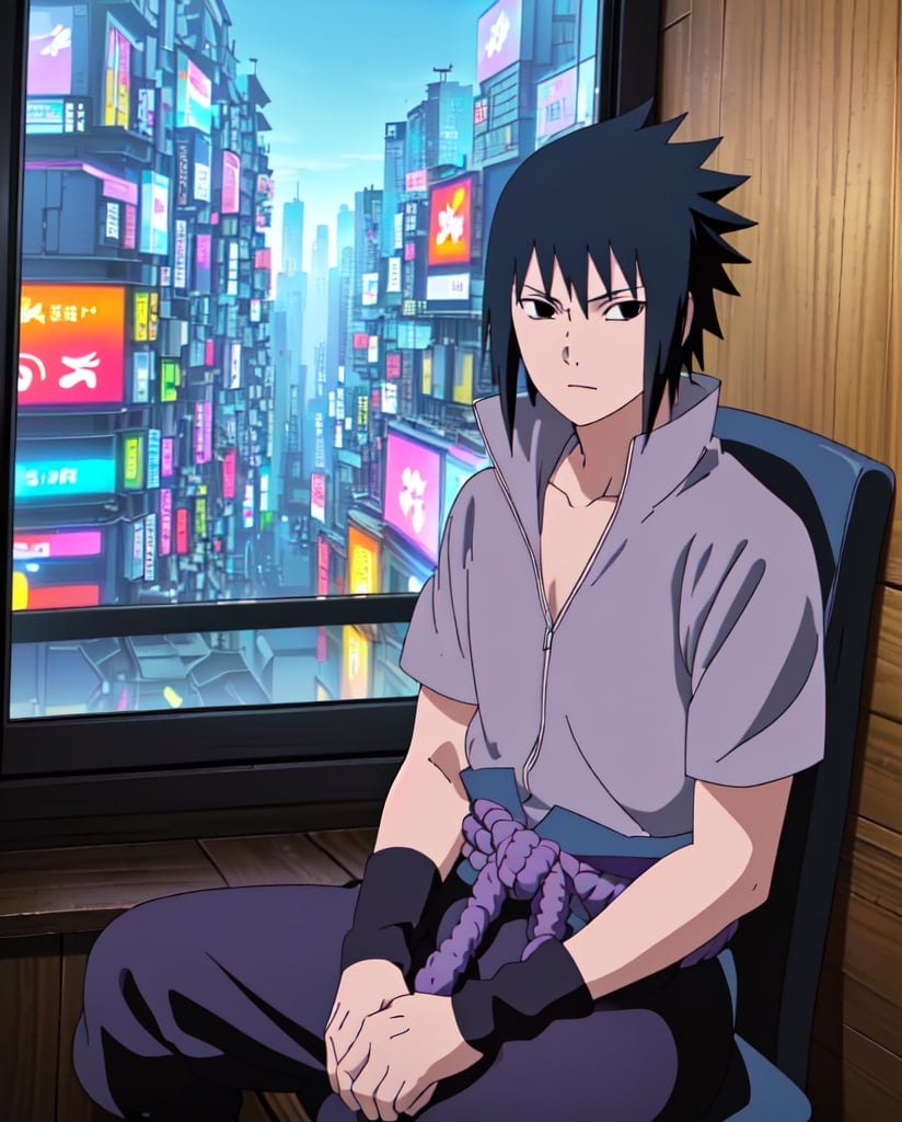 (wallpaper style:1.2),(looking at the viewer),Focus male,Sasuke Protagonist,sitting with knee up),Sasuke Uchiha,solo,black hair, spiky hair, black eyes, gray shirt with short sleeve,black arm guard,light purple belt, purple skirt, pants,masterpiece,16k, vivid colors, vibrant colors,perfect shading,anime landscape, Cyberpunk landscape, cyberpunk city, futuristic city,Sasuke in Cyberpunk city 