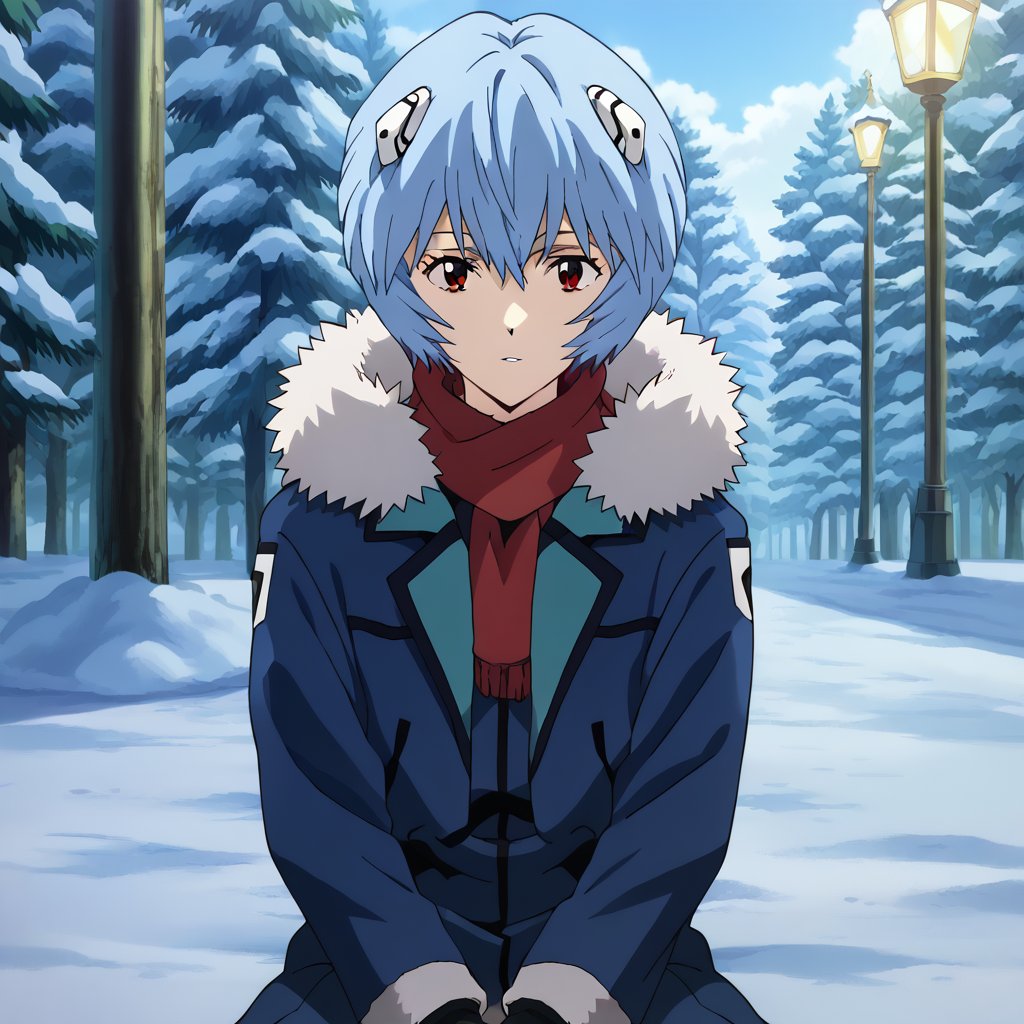 rei ayanami,short hair,blue hair,red eyes,blue coat,fur trim,black gloves,jacket,long sleeves,looking at viewer,on ground,parted lips,pocket,sitting,snow, snowing,v arms,winter,anime_screencap,fake_screenshot,score_9,score_8_up, score_7_up, score_6_up, score_5_up,score_4_up,source_anime,fine anime screencap,style parody,official style,anime coloring